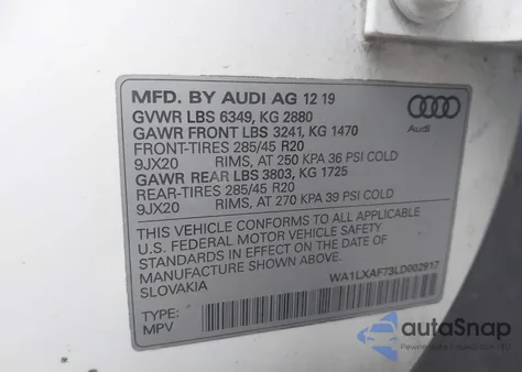 2020 Audi Q7 Premium Plus 55 Tfsi Quattro Tiptronic z USA, uszkodzony, nr VIN WA1LXAF73LD002917